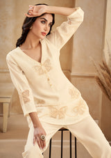 Women's Off White Motif Golden Thread Chinnon Co-Ord Set