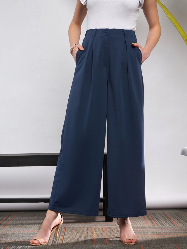 Women's Blue Casual Solid Regular Fit Pants
