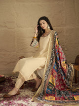 Women 's Beige Shimmer Kurta Set with Intricate Lace Detailing Paired with Palazzo and Dupatta