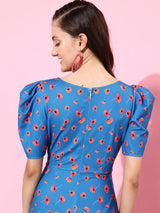Women's Blue V-Neck Pleated Puff Sleeve Floral Patterned Wrap Midi Casual Dress