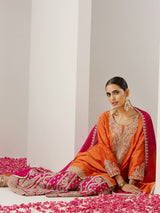 Women's Orange Polyester Chinon 3 Pieces Kurta Set