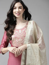 Women's Solid Pink Straight Kurta Palazzo with Dupatta Set
