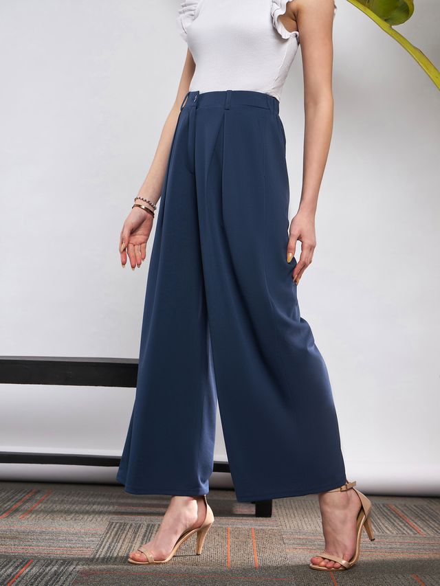 Women's Blue Casual Solid Regular Fit Pants