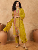Women's Mustard Printed Kurta Set with Bead and Stone Detailing Paired with Trouser and Dupatta