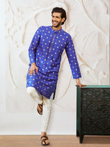 Men's Blue Silk Blend Printed Kurta With Embroidered Colllar With Pant Style Pyjama Set