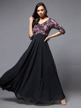 Women's Black And Lavender Sweet heart neck Self Design Fit & Flare Maxi Party Dress