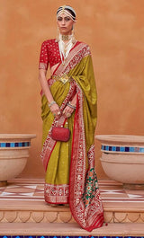 Women's Silk Blend Green Woven Design Designer Saree with Blouse Piece