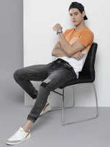Men's Slim Fit Solid Mid Rise Stretchable Denim Joggers