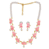 Gold Plated Lotus Designer Pearl Necklace Set with Pink Enamel for Girls and Women