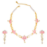 Gold Plated Gorgeous Lotus Designer Pearl Drop Necklace Set with Pink Enamel for Girls and Women
