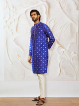Men's Blue Silk Blend Printed Kurta With Embroidered Colllar With Pant Style Pyjama Set