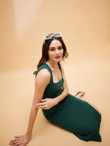 Women's Emerald Green Square Neck Midi Slit Dress