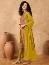 Women's Mustard Printed Kurta Set with Bead and Stone Detailing Paired with Trouser and Dupatta