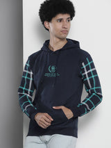 Men's Navy Blue Casual Hood Neck Checked Full Sleeves Hoodie