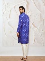 Men's Blue Silk Blend Printed Kurta With Embroidered Colllar With Pant Style Pyjama Set