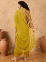 Women's Mustard Printed Kurta Set with Bead and Stone Detailing Paired with Trouser and Dupatta