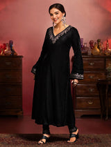 Women's Ethnic Black Flared Velvet Kurta Set with Dupatta