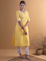 Women's Yellow Cotton Block Printed Straight Kurta