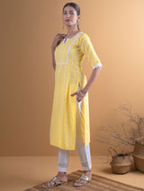 Women's Yellow Cotton Block Printed Straight Kurta