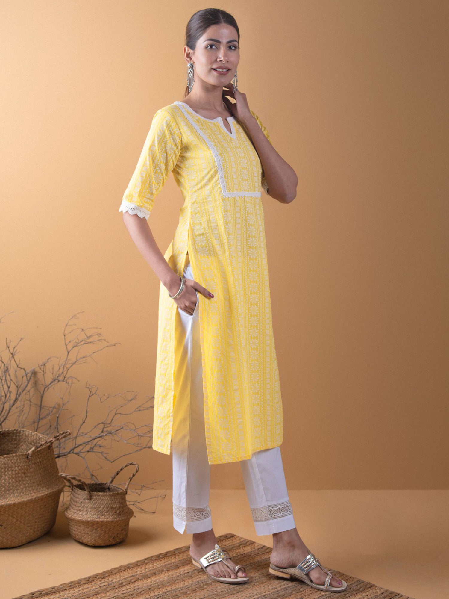 Women's Yellow Cotton Block Printed Straight Kurta