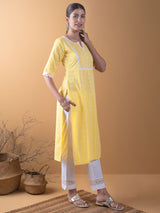 Women's Yellow Cotton Block Printed Straight Kurta