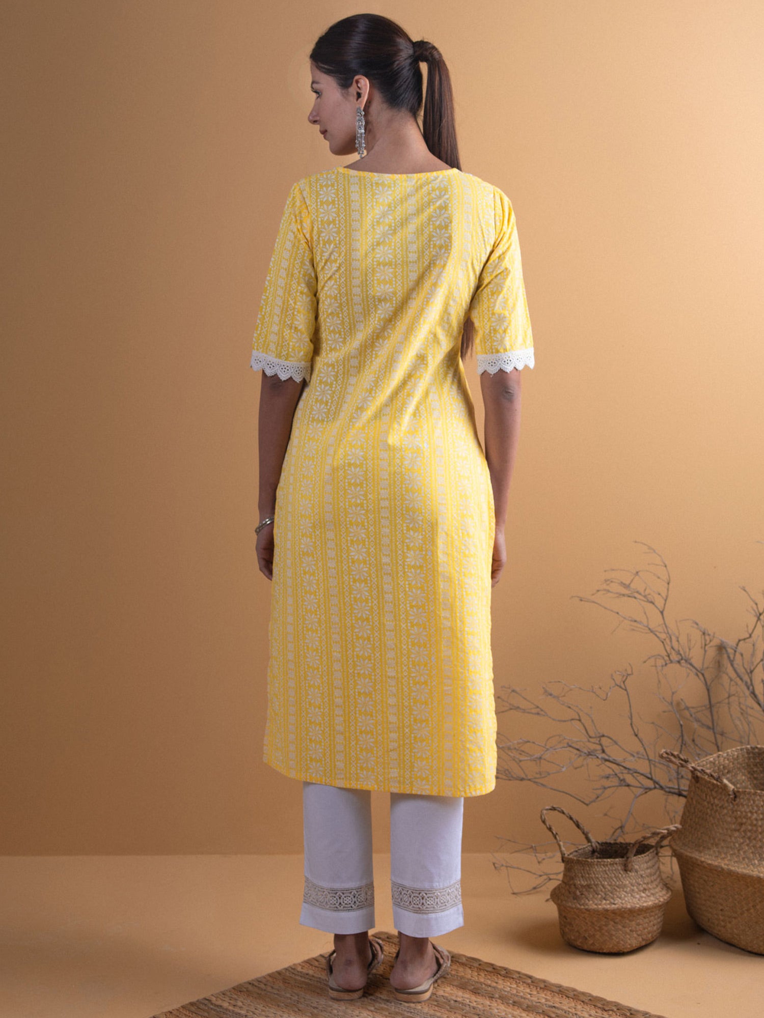 Women's Yellow Cotton Block Printed Straight Kurta