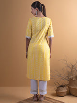 Women's Yellow Cotton Block Printed Straight Kurta