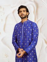 Men's Blue Silk Blend Printed Kurta With Embroidered Colllar With Pant Style Pyjama Set