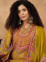 Women's Mustard Printed Kurta Set with Bead and Stone Detailing Paired with Trouser and Dupatta
