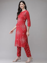 Women's Red Ethnic Motifs Layered Pure Silk Kurta with Trousers with Dupatta