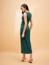 Women's Emerald Green Square Neck Midi Slit Dress