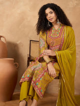 Women's Mustard Printed Kurta Set with Bead and Stone Detailing Paired with Trouser and Dupatta