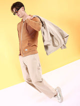 Men's Brown Casual Hood Neck Self-Design Full Sleeves Hoodie