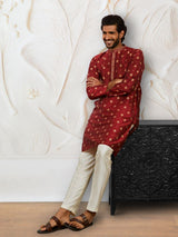 Men's Maroon Silk Blend Printed Kurta With Embroidered Colllar With Pant Style Pyjama Set