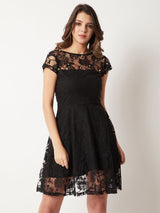 Women's Black Round Neck Cap Sleeve Lace Solid Embellished Mini Skater Party Dress