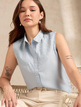 Women's Blue Casual Self-Design Sleeveless Shirt