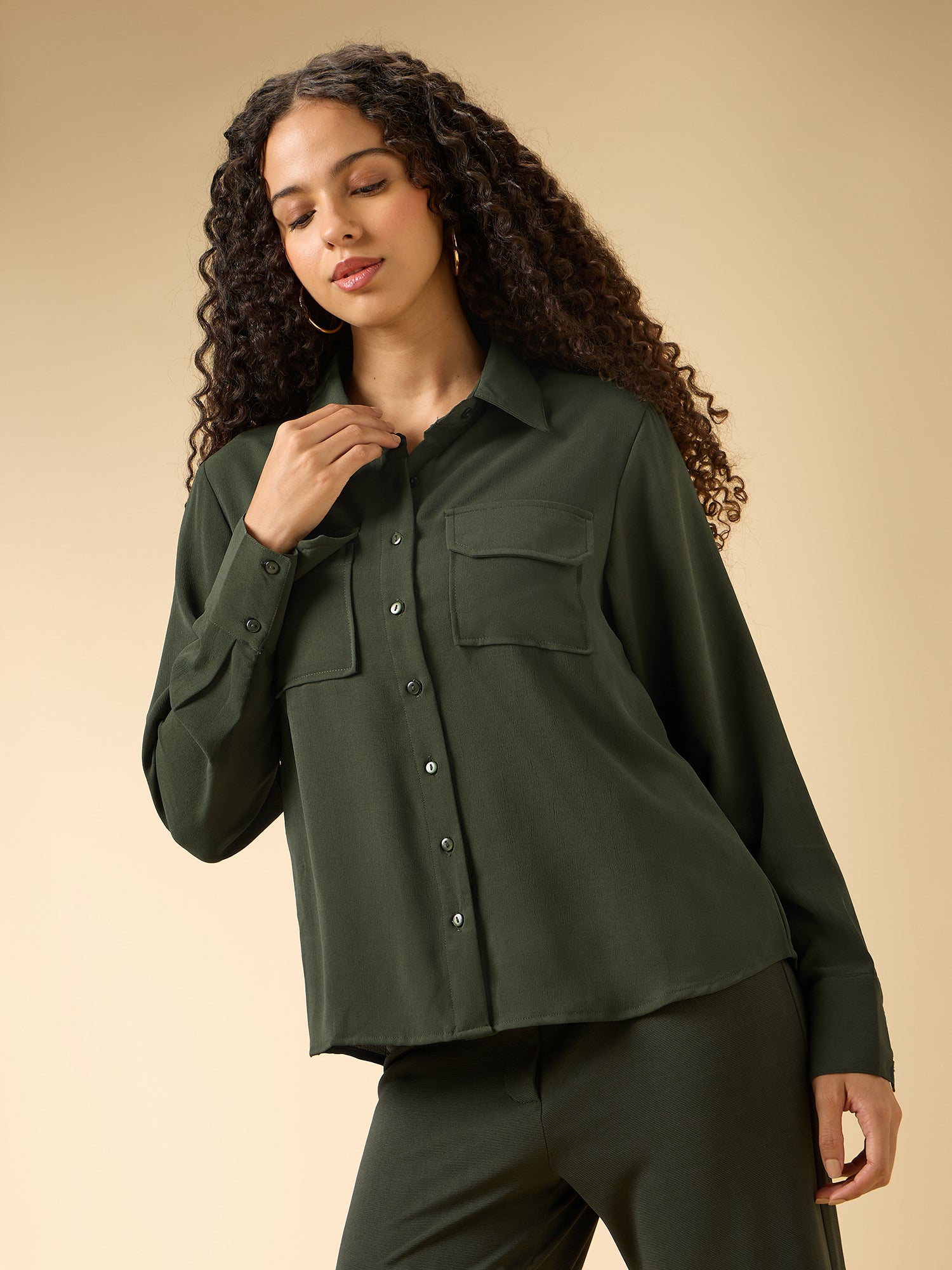 Women's Green Casual Solid Full Sleeves Shirt