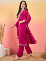 Women's Pink Kurta Adorned with Thread Embroidery Teamed with Trouser and Dupatta