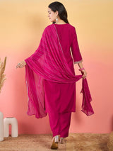 Women's Pink Kurta Adorned with Thread Embroidery Teamed with Trouser and Dupatta