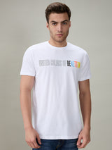 Mens White Casual Regular Fit Printed Half Sleeves Tshirt