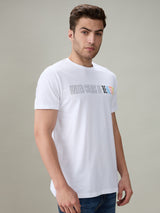 Mens White Casual Regular Fit Printed Half Sleeves Tshirt