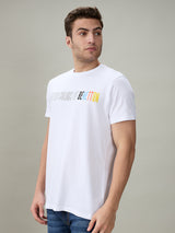 Mens White Casual Regular Fit Printed Half Sleeves Tshirt