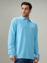 Mens Blue Casual Slim Fit Solid Full Sleeves Polo Tshirt