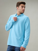 Mens Blue Casual Slim Fit Solid Full Sleeves Polo Tshirt