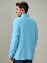 Mens Blue Casual Slim Fit Solid Full Sleeves Polo Tshirt