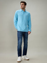 Mens Blue Casual Slim Fit Solid Full Sleeves Polo Tshirt
