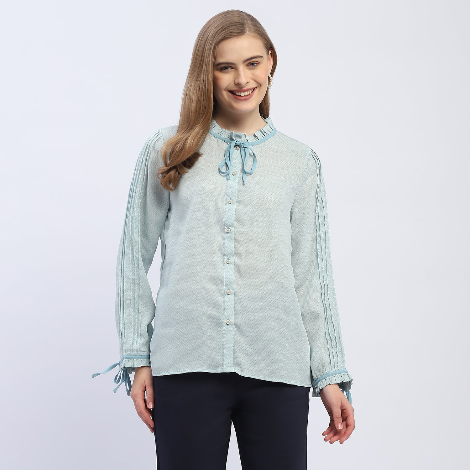 Women's Blue Casual Regular Fit Printed Full Sleeves Shirt