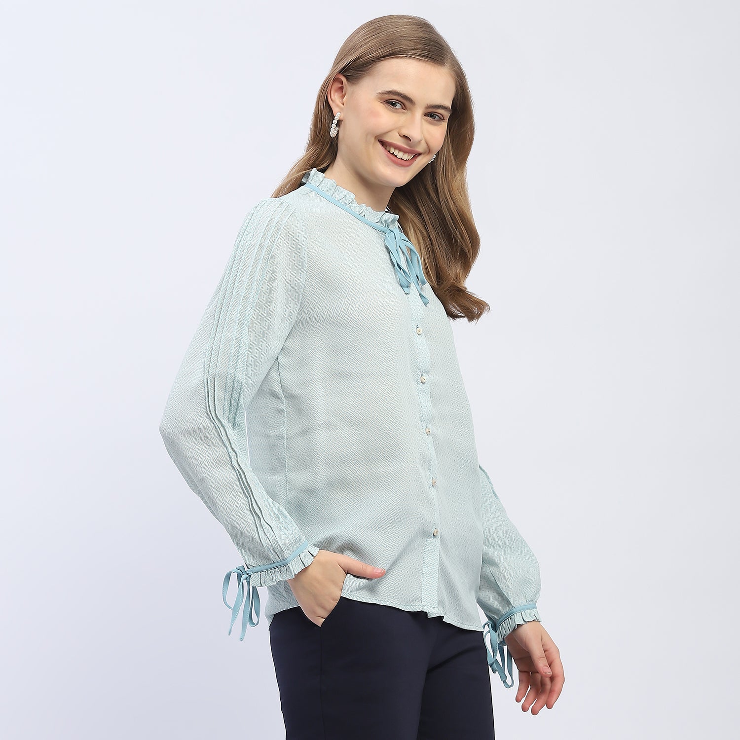 Women's Blue Casual Regular Fit Printed Full Sleeves Shirt