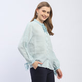 Women's Blue Casual Regular Fit Printed Full Sleeves Shirt