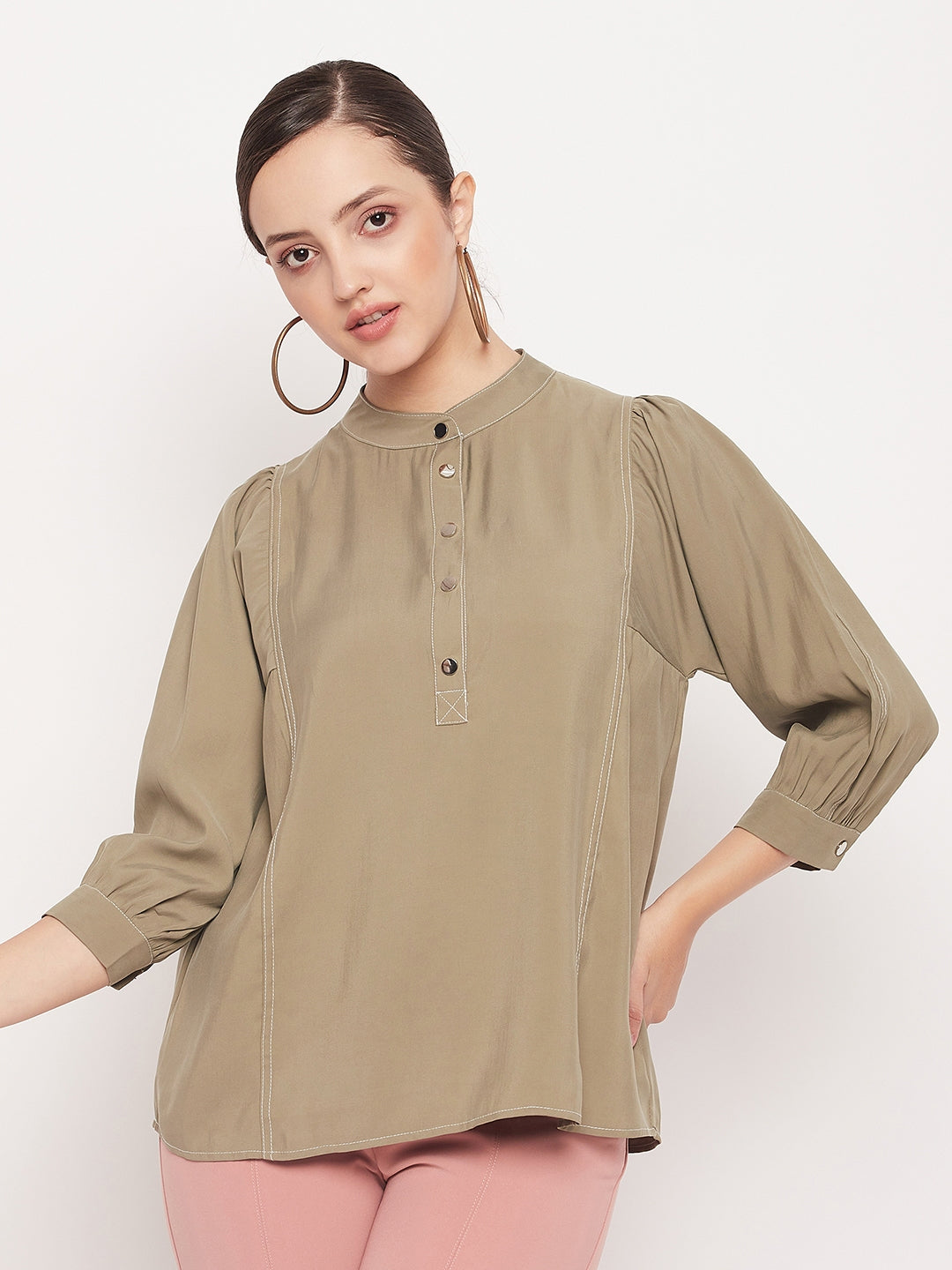 Women's Green Casual Regular Fit Solid Three Quater Sleeves Top